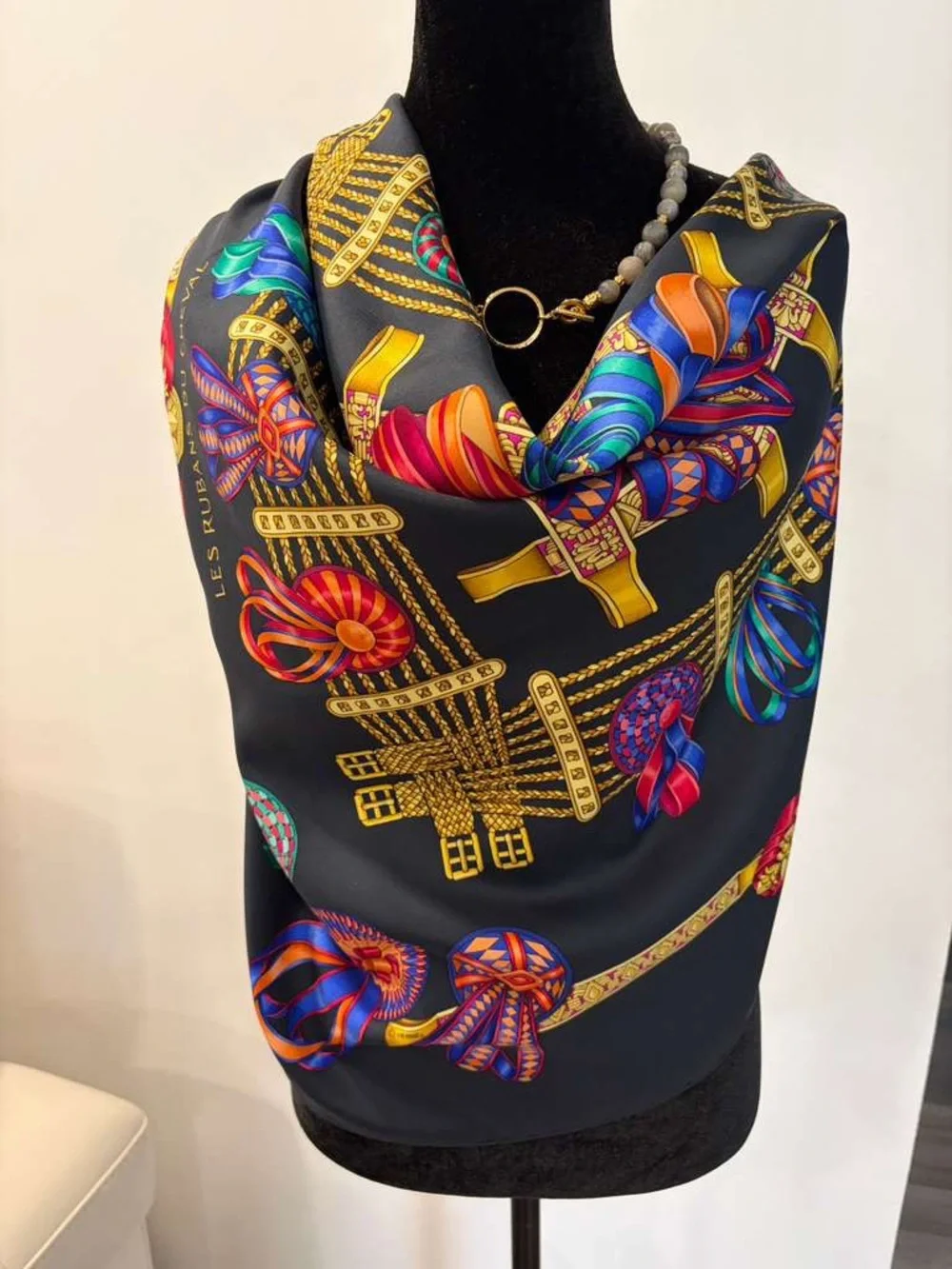 Hermes Les Rubans du Cheval Carre 90 Silk Scarf Black Multicolor Made in France